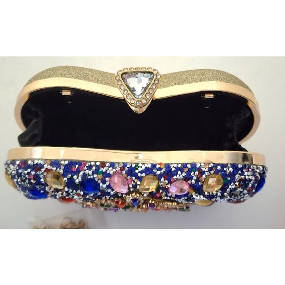 PURSE/CLUTCH-Encrusted in Rhinestones on Front-Gold Back-Shoulder Chain-Clutch - Picture 10 of 16
